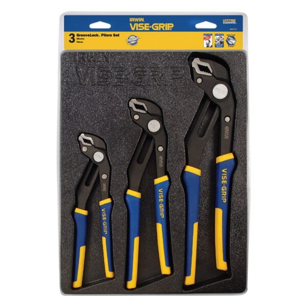 IRWIN - Vise-Grip GrooveLock 3-piece 8" to 12" V-Jaws Multi-Material Handle Push Button Ratcheting Tongue & Groove Pliers Set